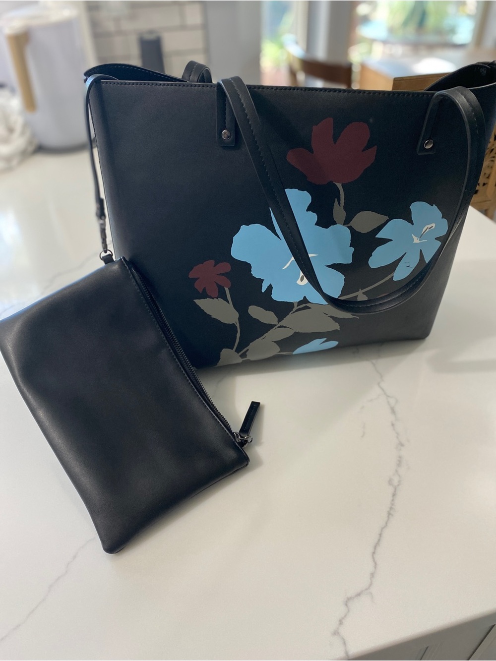 Nordstrom Chelsea Black Floral Tote w/Black Pouch - Blue & Burgundy Flower Print